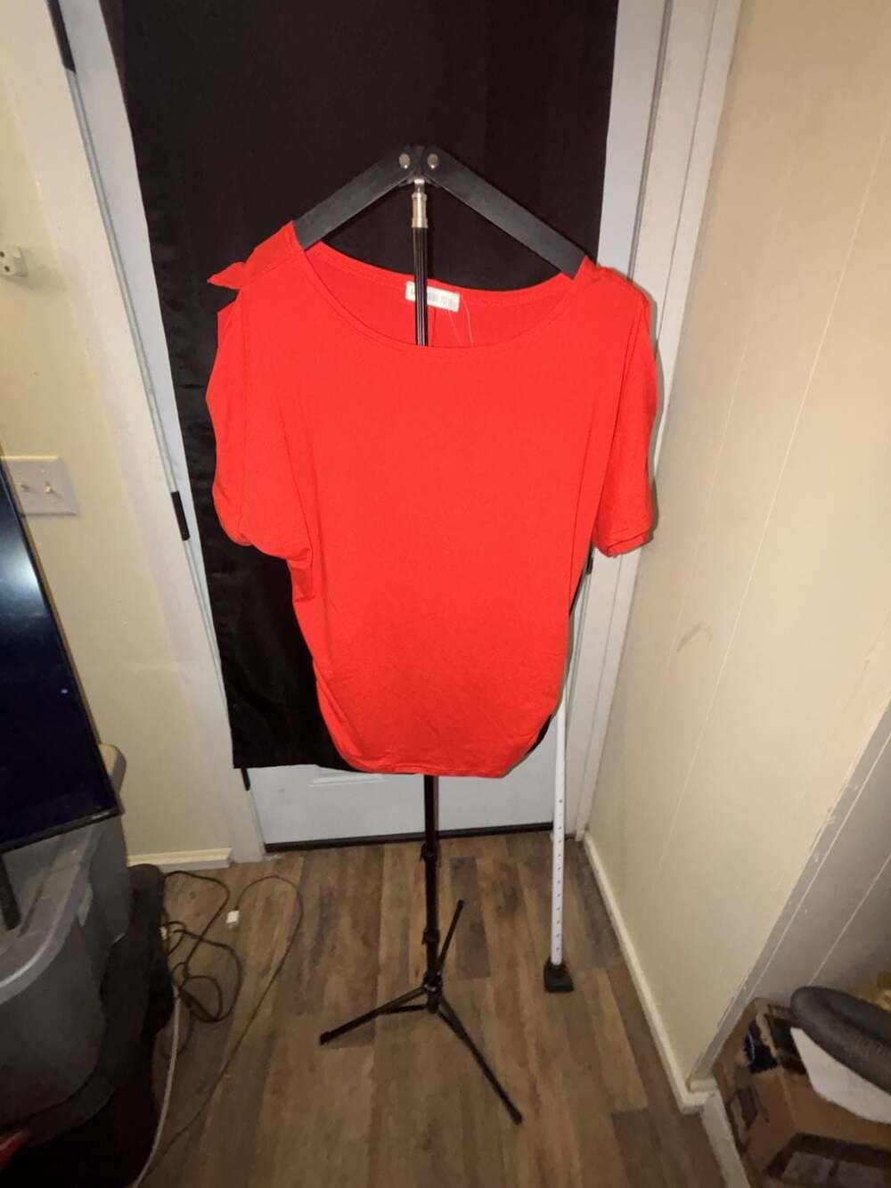 Doublju Women Cold Shoulder Short Sleeve Tunic Top Red Size S